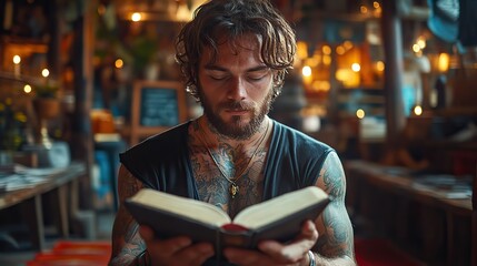 Aufkleber - holy bible tattooed man praying with closed eyes and a book