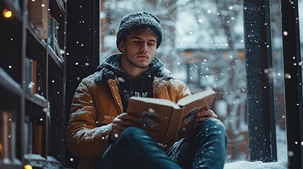 Poster - holy bible young man sitting on the windowsill and reading a book in winter