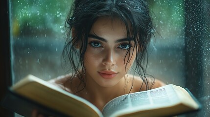 Poster - holy bible young woman reading a book near the window in the rain