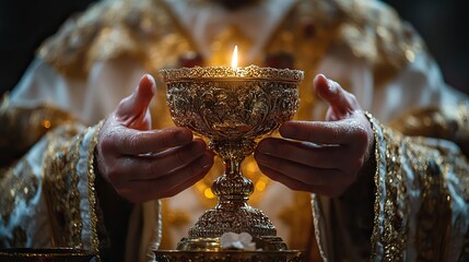 Poster - holy communion hands holding a chalice of wine in his hands close up