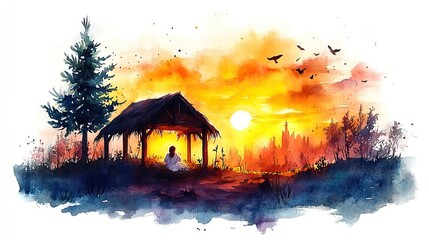 Poster - holy spirit over the manger with baby jesus watercolor illustration
