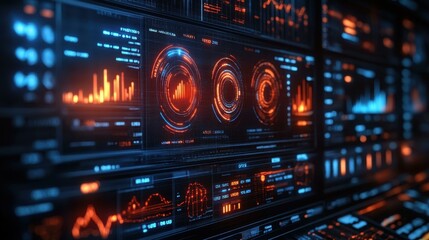 Cyber Security Trends. Futuristic digital dashboard displaying glowing orange data visualizations and graphs, technology concept for business analytics, finance reports, cyber security, modern office