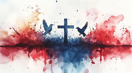 Aufkleber - holy trinity symbols crown cross and dove silhouettes against watercolor background