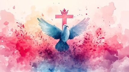 Aufkleber - holy trinity symbols crown cross and dove silhouettes against watercolor background