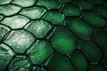 Poster - A close-up of the texture of green reptile skin, showcasing its unique hexagonal pattern and glossy finish. The background is dark to highlight the details of the snake scales.