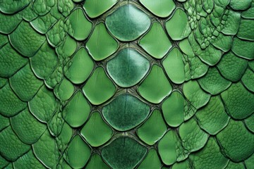 Poster - Pattern of green snake scales made of leather, each scale has intricate details and textures. The colors are vibrant yet realistic, perfect for creating an elegant background.