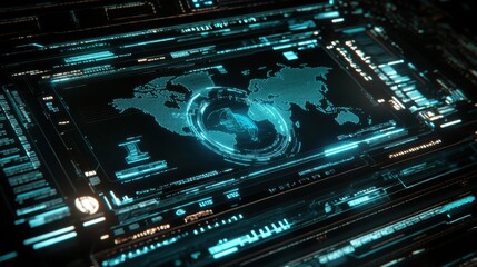 Poster - Futuristic Global Network Interface with Digital Map Visualization