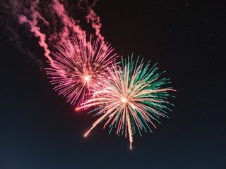 from below shot of wonderful vivid fireworks exploding on background of black night sky.