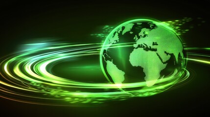Poster - Green Abstract Digital Globe with Bright Light Trails and Pattern