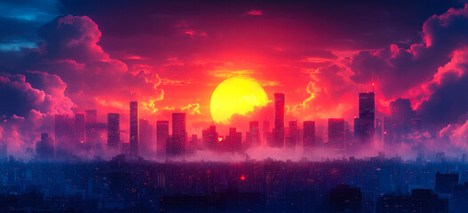 Poster - Futuristic Urban Skyline with Advanced Environmental Technology and Vivid Sunset