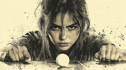 Poster - isolated silhouette of a woman playing table tennis and ping pong front view in ink drawin