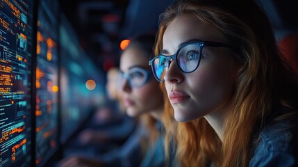 Poster - it professionals examining data across several screens it specialists bokeh side vie