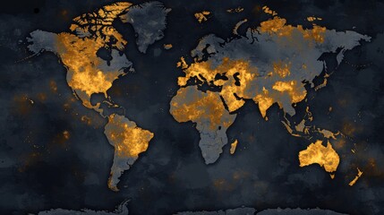 Poster - Artistic World Map with Glowing Highlights on Dark Background
