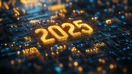 Poster - Digital Circuit Board with Glowing Numbers Representing 2025