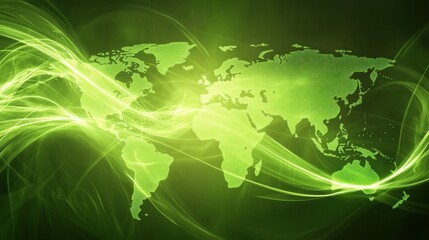 Poster - Green Abstract World Map with Flowing Light Patterns and Effects