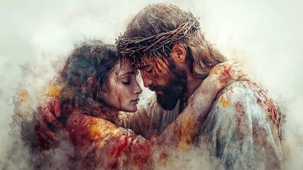 Poster - jesus is taken down from the cross and given to his mother digital watercolor painting