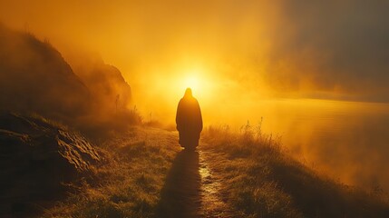 Poster - jesus shining in radiant glory on the mountain a solitary figure walks toward the horizon bathed in golden light