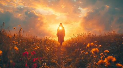 Aufkleber - jesus shining in radiant glory on the mountain a solitary figure walks toward the horizon bathed in golden light