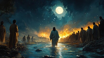 Aufkleber - jesus walking on water miracle in front of the disciples digital illustration
