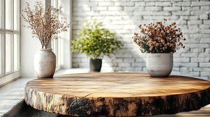 Aufkleber - kitchen table with an empty wooden pedestal in front of a white brick wal