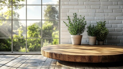 Aufkleber - kitchen table with an empty wooden pedestal in front of a white brick wal