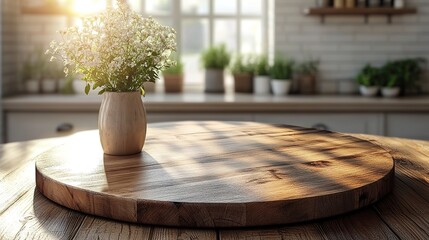 Aufkleber - kitchen table with an empty wooden pedestal in front of a white brick wal