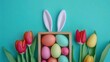 © AriyaniAI - Pastel Easter Eggs in Wooden Box with Tulips and Bunny Ears A Festive Springtime Arrangement