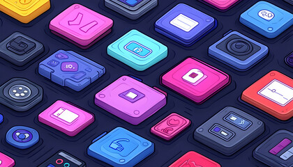 Fototapete - Colorful isometric app icons on dark background.