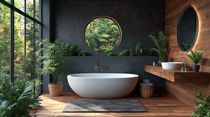 Poster - modern bathroom interior featuring parquet flooring black walls white bathtub stylish vanity plants wooden wall panel and natural lighting simple bathroom with contemporary pieces 3d rendering