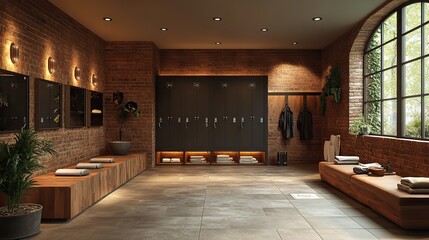 Poster - modern loft interior featuring a locker room with black cabinets 3d illustratio