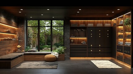 Poster - modern loft interior featuring a locker room with black cabinets 3d illustratio