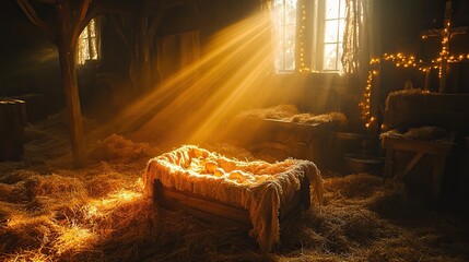 Poster - nativity empty wooden cradle with cross and light rays coming through the window