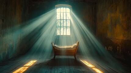 Poster - nativity empty wooden cradle with light rays coming through the window