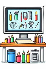 Poster - Computer screen displaying art supplies, shown on a desk with more supplies.