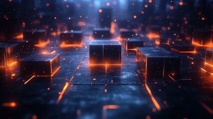 Cyber Security Visualization. Futuristic glowing cubes grid technology digital network abstract background for innovation website banner, sci-fi concept, cyber security theme with dark blue and orang
