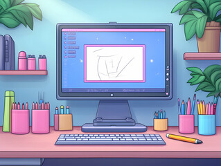 Poster - Cozy home office workspace with computer, desk, plants, and art supplies.