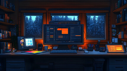 Poster - Cozy night workspace with computer, tablet, and peripherals in a wooden cabin overlooking a snowy forest.