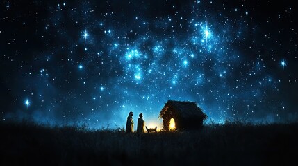 Aufkleber - nativity scene with mary and joseph in the night sky