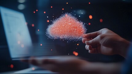 Poster - Digital cloud representation above hands with computer in the dark