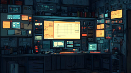 Poster - Dark room with cluttered desk, multiple screens, and tech gadgets.