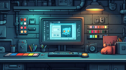 Poster - Digital art workspace with computer, tools, and character design in progress.