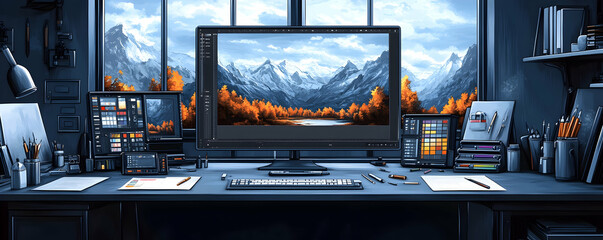 Fototapete - Digital art workspace with mountain landscape on screen.