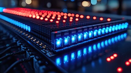 Aufkleber - network server panel switch and patch cord cable in data center glowing in the dark blue le
