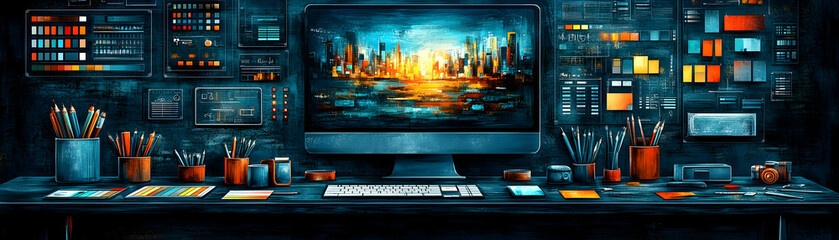 Fototapete - Digital artist's workspace with computer, pencils, and tools.