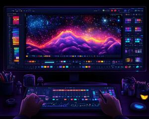 Poster - Digital artist creating vibrant cosmic landscape on computer.