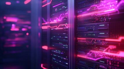 Poster - futuristic data center with vibrant lights illuminating advanced server panels at night