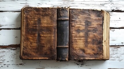 Poster - old book on a white wooden background with a cross in the middle