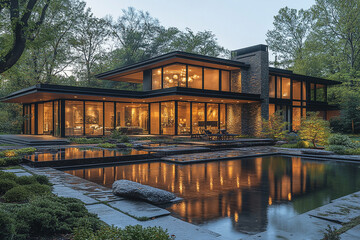 Wall Mural - Modern House With Reflecting Pool at Dusk