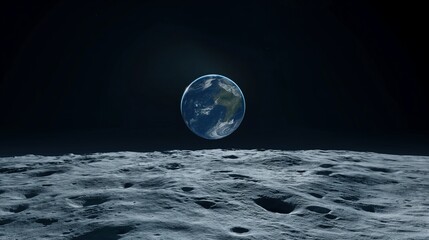 Wall Mural - lifeless moon surface against distant earth globe image. planet with atmosphere in dark void view fr