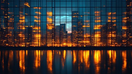 Poster - pattern of office buildings windows illuminated at night lighting with glass architecture facade design with reflection urban cit